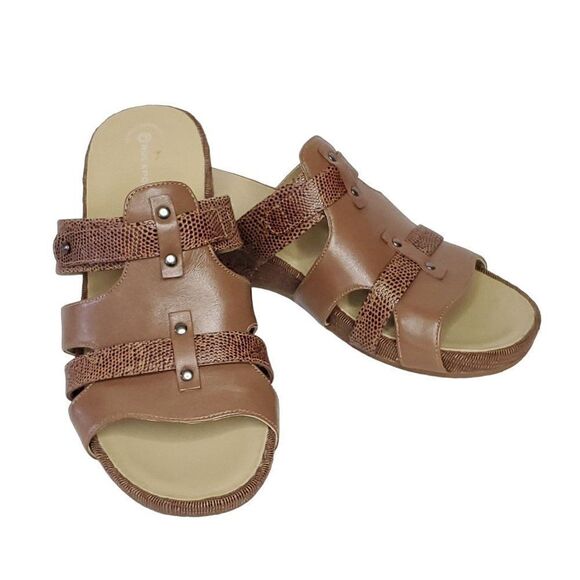 Rockport Wedge Slide Sandal 9 Brown Leather Smooth w/ Snake Texture Straps - Picture 1 of 8
